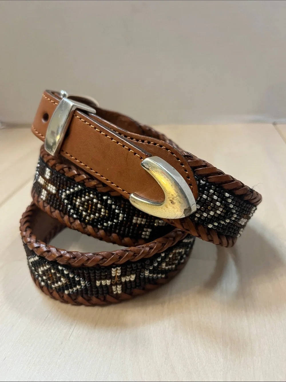 Brown Leather & Decorative Beaded Belt w/ Silver Hardware Men’s Size 38